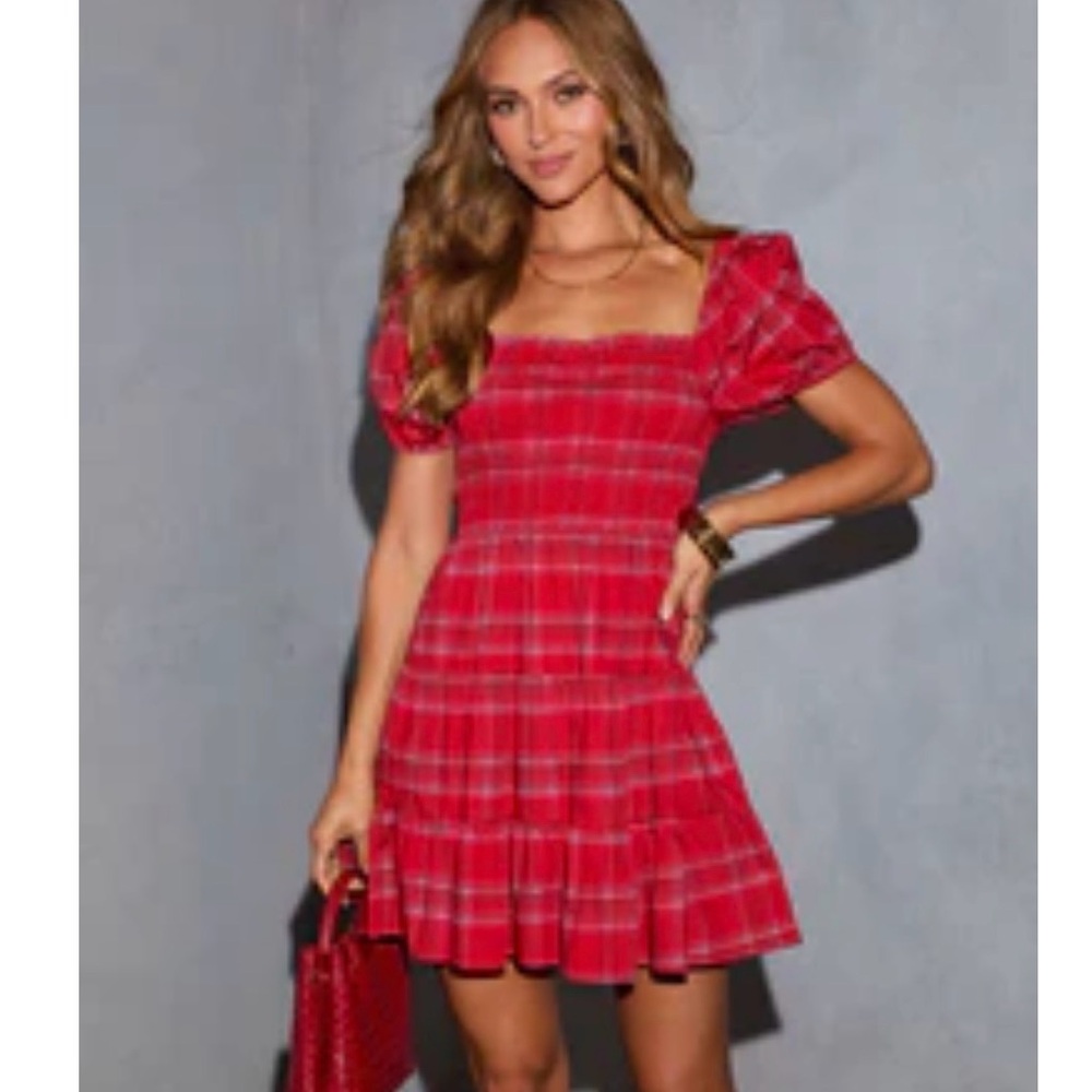 NWOT Red Plaid Puff Sleeve Smocked Mini Dress